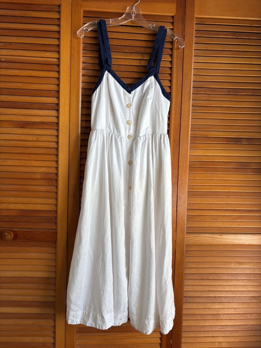 Maeve Strappy Button-Front White Midi Button-Front Dress with Navy Straps Sz 8 - Picture 2 of 16